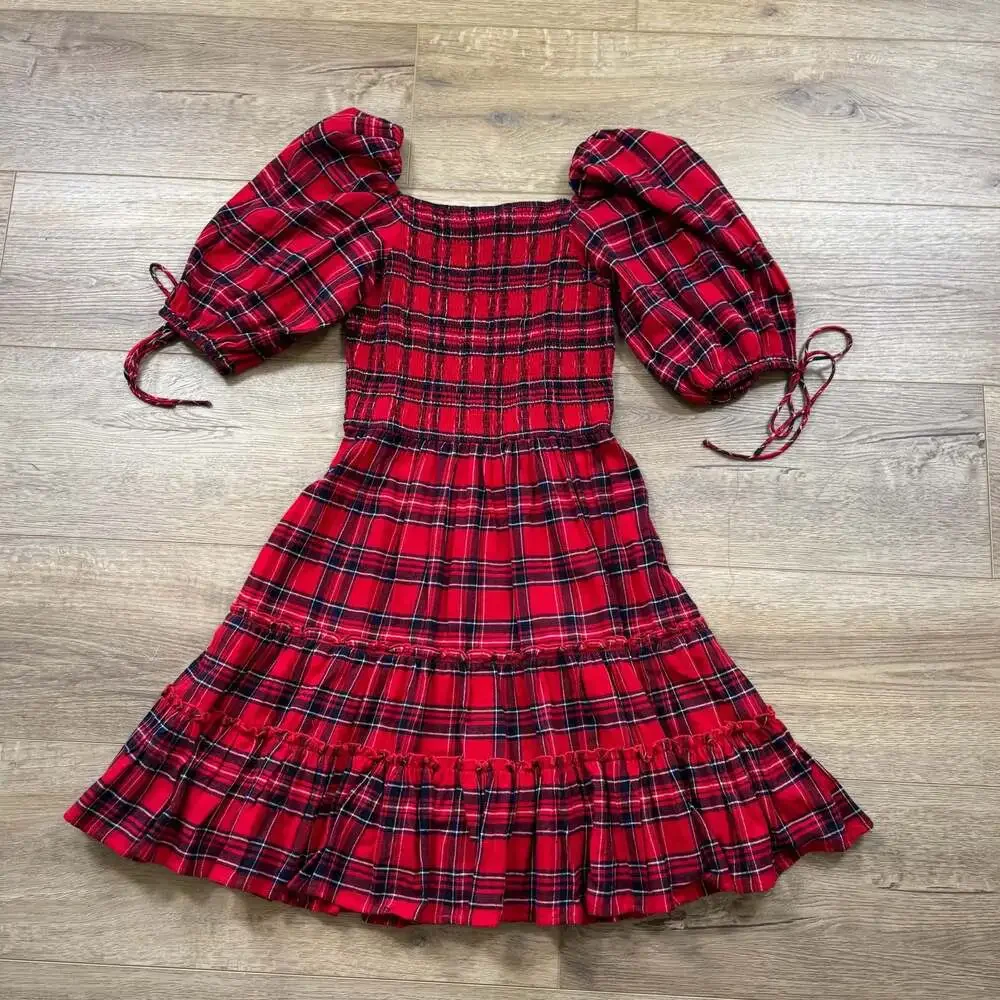 JessaKae Clara Plaid Smocked Puff Sleeve Tiered Dress Red Black S Boho - Picture 6 of 7
